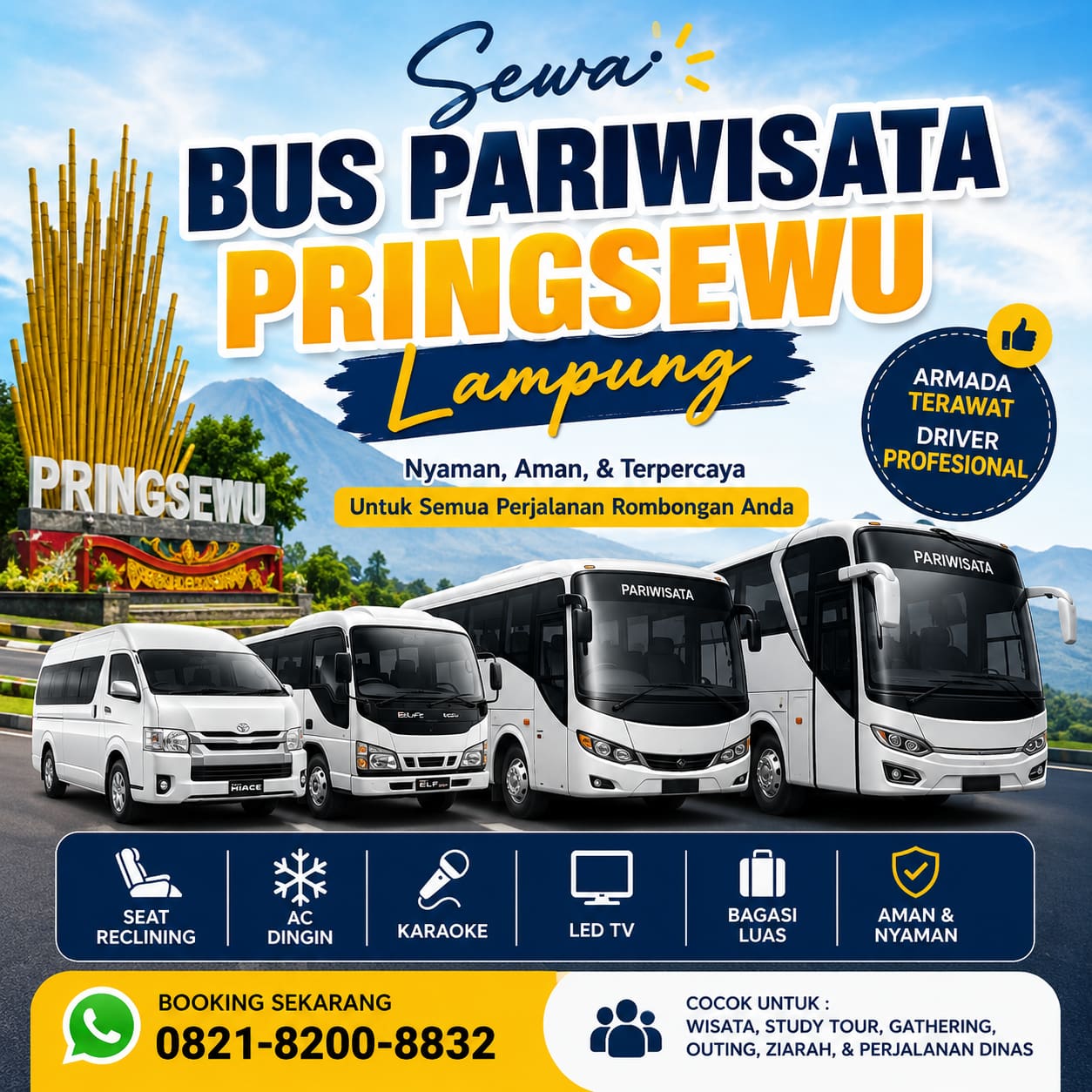Sewa Bus Pariwisata Pringsewu Lampung untuk wisata, study tour, gathering, outing kantor,