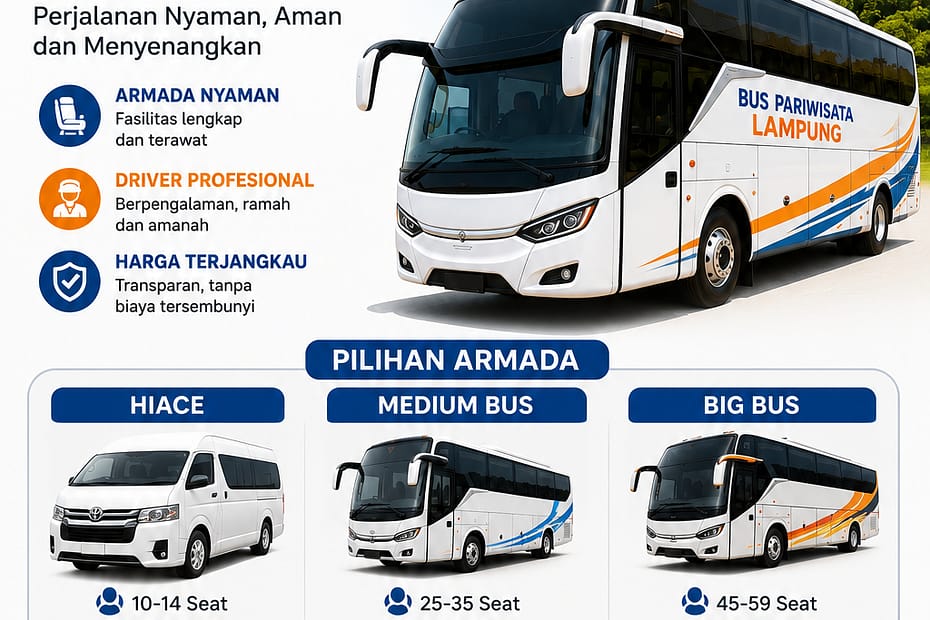 Sewa Bus Pariwisata Bandar Lampung Paket Hiace, Medium Bus dan Big Bus